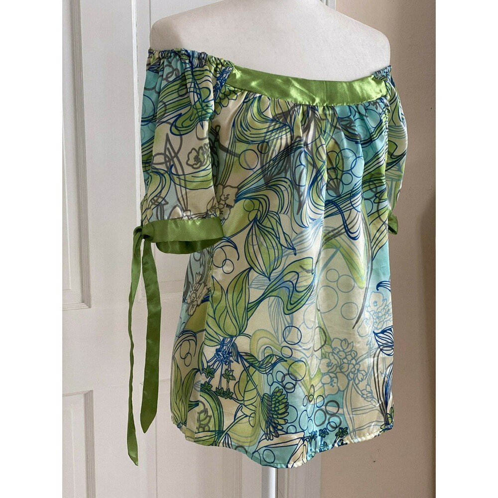 Allison Morgan Ruffled Blouse S/ M Green Geometric Shoulder Tie Ribbon Boat Neck